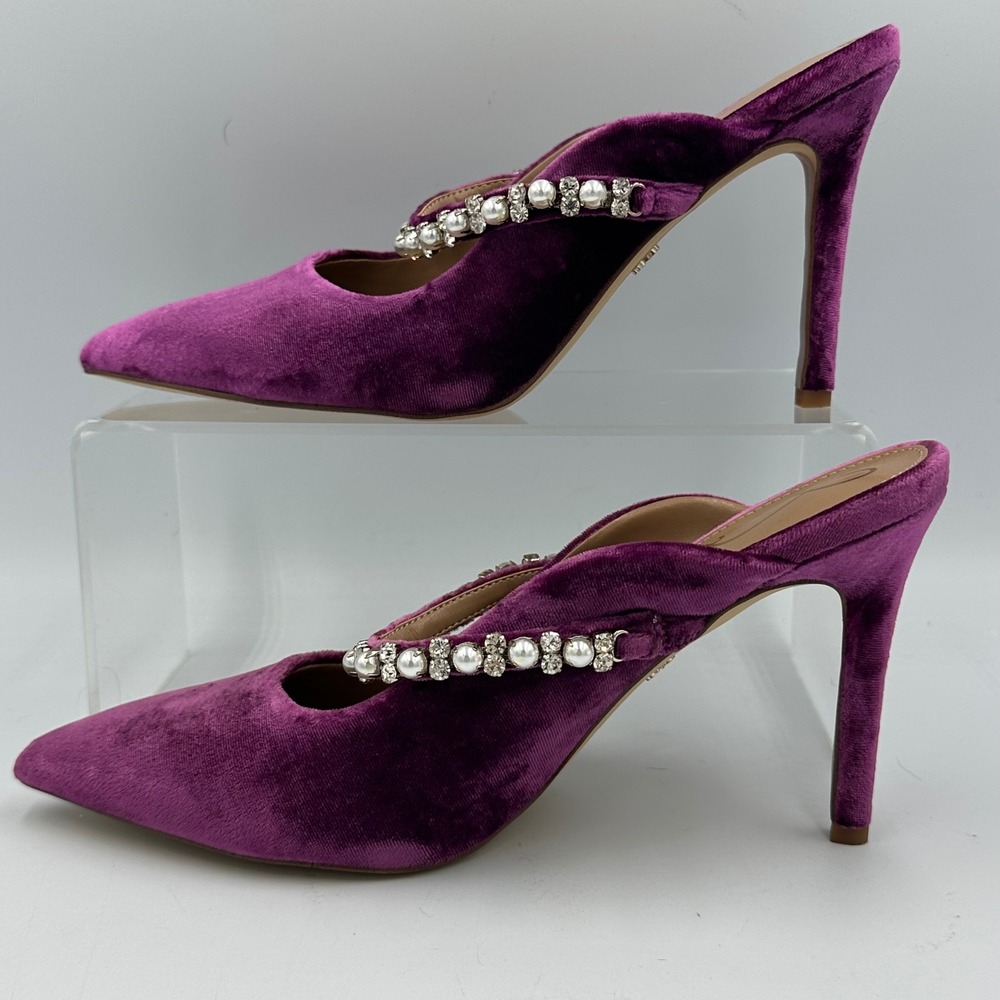 Sam Edelman Hyland Velvet Mule Heels 6.5 Purple Pearl Crystal Strap Glam Y2K NIB - Picture 5 of 16